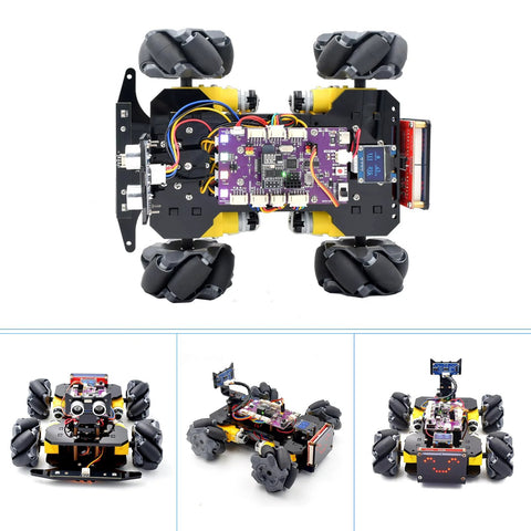 Top-down view of Adeept Mecanum Wheel Smart Car Kit with yellow chassis, purple control board, four mecanum wheels.