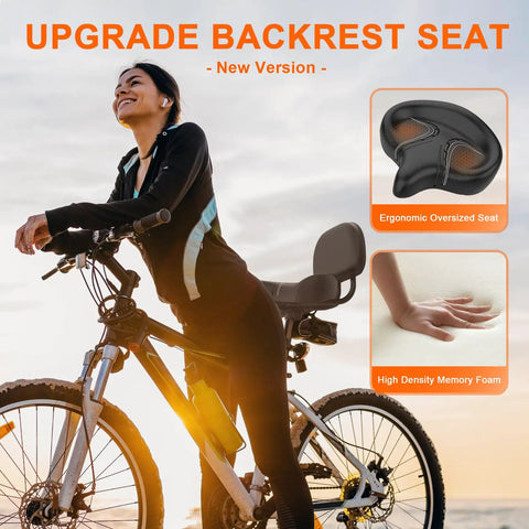 Oversized Bike Seat With Adjustable Backrest For Electric Bikes And Tricycles High Memory Foam Replacement Saddle For Men And Women 33x29x9 Cm Cushion For Long Rides All Day Comfy, woman riding e-bike