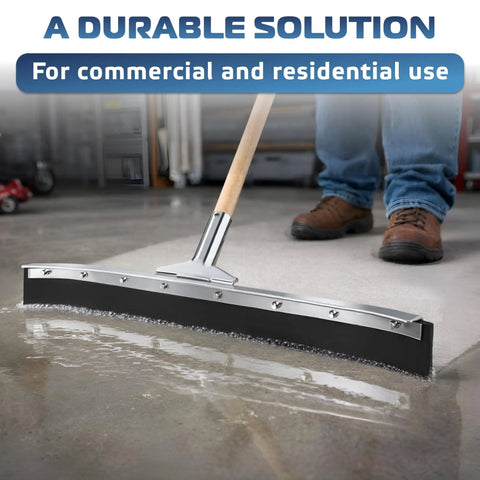 Curved Floor Squeegee 24 Inch With Rubber Blade For Garage Use shown with wooden handle pushing water on concrete floor