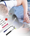 Car Dent Removal Tool Kit for DIY Auto Fender Repair with stainless steel puller, hook rods, and rubber mallet in use