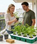 Two people on a balcony using hydroponic net pots for soilless seedlings with porous design for even watering and strong root foundation