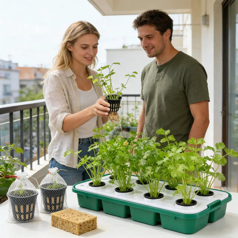 Two people on a balcony using hydroponic net pots for soilless seedlings with porous design for even watering and strong root foundation
