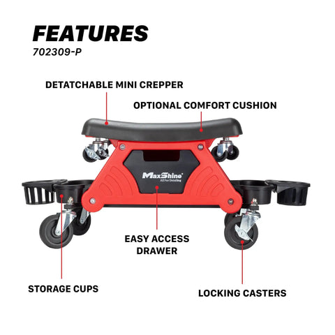2 In 1 Modular Detailing Creeper Seat With Cushion And Tool Tray, Rolling Creeper Converts To Low Profile Knee Pad, Heavy Duty Polyethylene And Steel Frame, 4 Inch Wheels front view