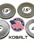 Four Piece Router Table Insert Ring Set Featuring Rock Solid 3.1 Inch Outer Diameter showing 1.3, 1.5, 2.0, and 1.0 inch sizes.