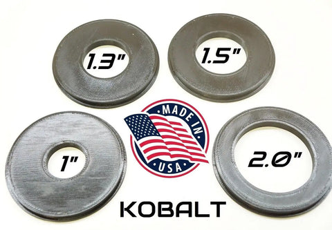 Four Piece Router Table Insert Ring Set Featuring Rock Solid 3.1 Inch Outer Diameter showing 1.3, 1.5, 2.0, and 1.0 inch sizes.