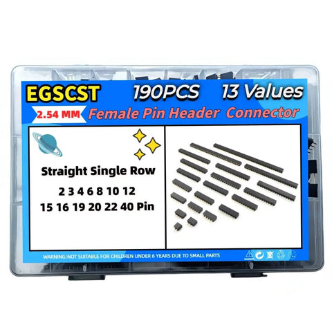 190Pcs 2.54Mm Single Row Straight Female Pin Headers Assortment Kit With 2 3 4 6 8 10 12 15 16 19 20 22 40 Pin Options Box