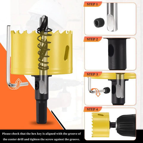 Beefy Bi Metal Hole Saw One And Five Sixteenths Inch M42 HSS Circular Head with assembly steps and center drill bit for metals