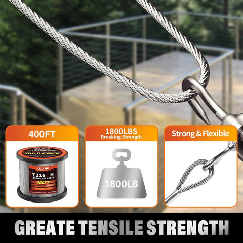 Kickass Marine Grade T316 Stainless Steel Wire Rope Cable 400 Ft One Eighth Inch Heavy Duty Deck Railing Antirust Corrosion Resistant Outdoor Indoors No Fuss Setup with strong tensile strength and 1800lb breaking strength.