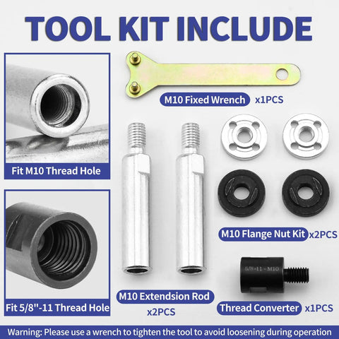 Rock Solid Angle Grinder Extension Rod Adapter Kit With Dead Simple Setup And 3/8 M10 Threads Plus Eight Piece Mounting Set components including wrenches and rods.