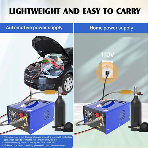 Portable PCP Air Compressor 4500 Psi 30 MPa showing car battery and wall outlet power options