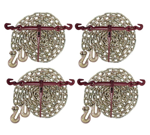 Four sets of heavy duty Grade 70 chain and binder kit with four five sixteenth inch twelve foot G70 transport chains with grab hooks.