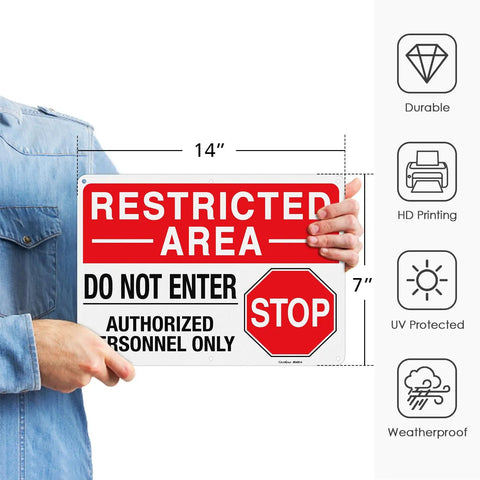 Step Up Site Security With Heavy Duty Reflective Aluminum Warning Signs 14x10 inch sign held by person, showing Restricted Area.
