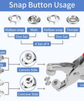 Diagram showing snap button usage with hollow snaps, male and female parts, and fastener pliers from Dope 9.5mm Metal Snap Button Kit