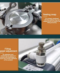 Close-up of sealing snap and filling speed adjustment on Heavy Duty Horizontal Liquid And Paste Filling Machine With Dual Pneumatic Heads, Adjustable Stainless Steel Bottle Filler For Food And Chemical Jobs, Pro Grade Copper Motor, Built Tough For Any Garage Or Workshop Build.