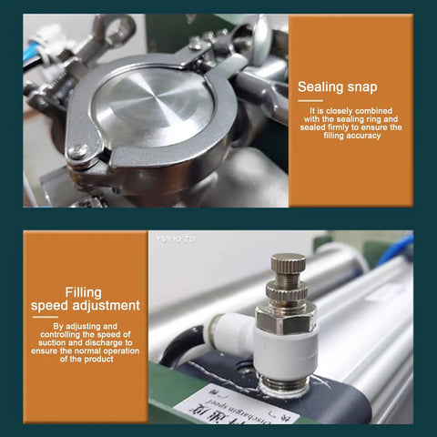 Close-up of sealing snap and filling speed adjustment on Heavy Duty Horizontal Liquid And Paste Filling Machine With Dual Pneumatic Heads, Adjustable Stainless Steel Bottle Filler For Food And Chemical Jobs, Pro Grade Copper Motor, Built Tough For Any Garage Or Workshop Build.