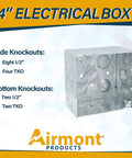 4 Inch Square Electrical Box With Ten Half Inch And Six TKO Knockouts, Welded Steel Construction For Heavy Duty Use, 30.3 Cu In Capacity, Two And One Eighth Inch Deep, Raised Ground, Combination Screw Heads, Galvanized Steel.