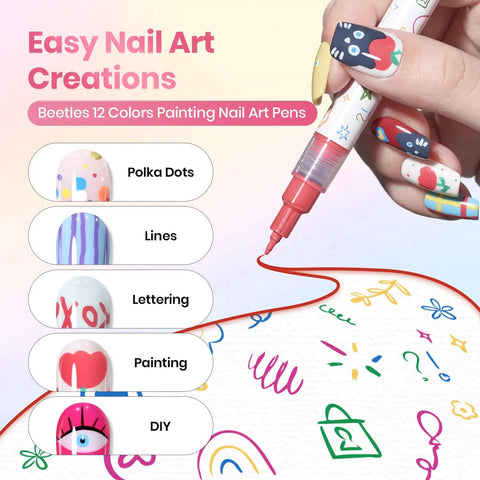 Hand using 12 Color Nail Art Pens Set With 0.5mm Fine Tip For Precise Lines And Quick Air Drying Acrylic Markers for nail art designs