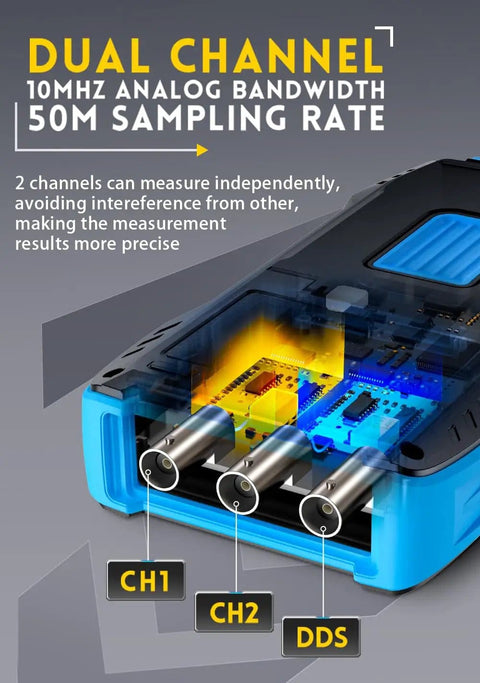 Close-up of Three In One Oscilloscope Multimeter And DDS Signal Generator Handheld Tool With Two Channels 10 MHz Bandwidth