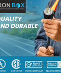 Real Deal 200 Foot Heavy Duty Extension Power Cord 10 Awg 15 Amp 125 Volt Copper Cable With Solid Brass Plugs For Outdoor Jobsites And Home Garage Equipment held by a worker.