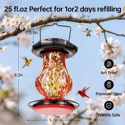 Solar Powered Hummingbird Feeder With 25 Oz Nectar Capacity Hand Blown Glass 6 Feeding Ports Moat Outdoor Hanging Night Light