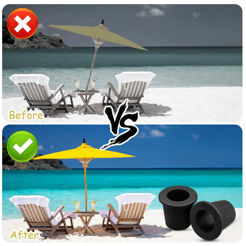 Before after image of beach umbrella stability with Two-Piece Patio Table Umbrella Hole Ring Plug Kit, Silicone Sleeve Stabilizer