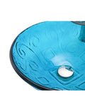 Close-up view of USZWBY Bathroom Vessel Sink, Tempered Glass Vessel Sink Sky Blue Round Basin with pop-up drain.