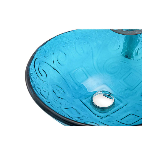 Close-up view of USZWBY Bathroom Vessel Sink, Tempered Glass Vessel Sink Sky Blue Round Basin with pop-up drain.