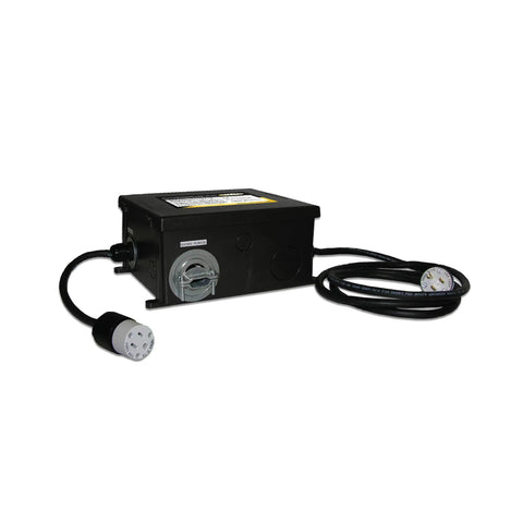 30 Amp Prewired Generator Transfer Switch With Built In Inverter Cable And Receptacle, circuit-protected black metal box with cords