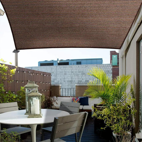 Square 7 By 7 Brown Sun Shade Sail Canopy UV Block For Backyard Porch Pergola Lawn Garden Carport, installed above patio area