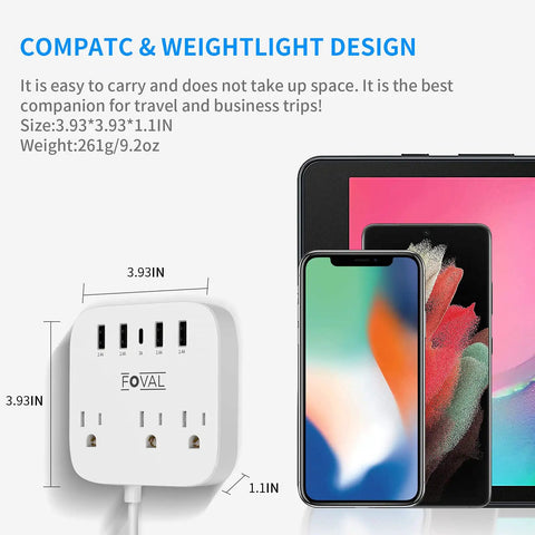 8 In 1 Travel Plug Adapter With USB C And Four USB Ports Three AC Outlets Wall Mountable shown beside devices