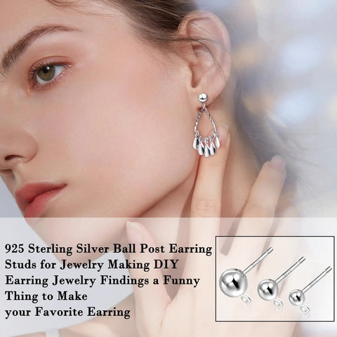 Sterling Silver Earring Posts For DIY Jewelry Making Pro Grade 3 Sizes S925 Ball Post Studs With Loop And Clear Earring Backs Hypoallergenic Ear Findings Kit Bundle For Jewelry Crafting And Bead Work on model wearing silver teardrop earring