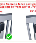 Heavy Duty Self Closing Gate Hinges With Adjustable Tension For Pool Safety Fences showing ideal gap measurements between gate frame and fence post.