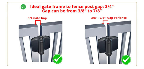 Heavy Duty Self Closing Gate Hinges With Adjustable Tension For Pool Safety Fences showing ideal gap measurements between gate frame and fence post.