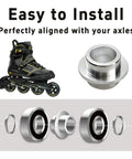 Aluminum Inline Skate Bearing Spacers Set Of 10 For 8mm Axles, featuring self-centering bushing, inline skate and installation diagram.