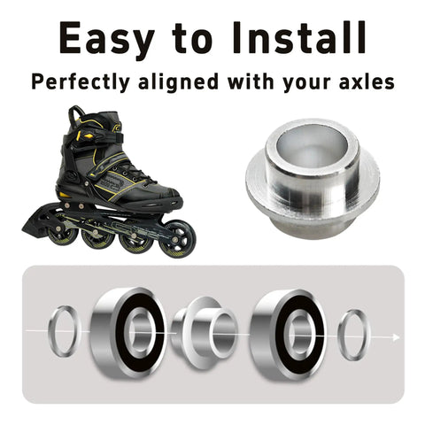 Aluminum Inline Skate Bearing Spacers Set Of 10 For 8mm Axles, featuring self-centering bushing, inline skate and installation diagram.