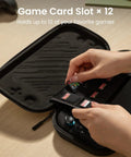 Hands placing a game card into Must-Have Slim Carrying Case For Nintendo Switch 2 Model 2025 with 12 card slots shown