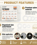 Slick Metric Nylon Washer Assortment Kit White Flat Discs M2 Through M12 with 1100 pieces in various sizes displayed in organizer.