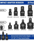 Impact Socket Adapter And Reducer Set With Universal Joint Swivels, Eleven Piece Kit From One Quarter Inch To One Inch Drive, CrMo Steel, Storage Case, Pro Grade For Auto Repair, Maintenance And DIY Projects; 8-piece adapter and reducer layout