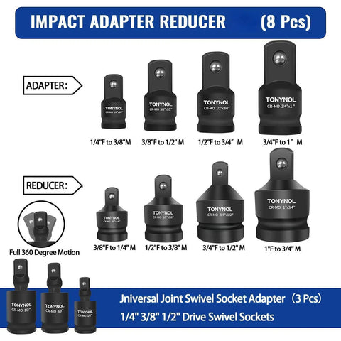 Impact Socket Adapter And Reducer Set With Universal Joint Swivels, Eleven Piece Kit From One Quarter Inch To One Inch Drive, CrMo Steel, Storage Case, Pro Grade For Auto Repair, Maintenance And DIY Projects; 8-piece adapter and reducer layout
