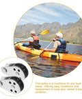 Beefy Stainless Steel Marine Pulley Kit For Kayaks And Canoes with small wheel pulleys and rugged sailing equipment accessory.