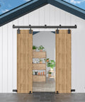 8ft Beefy Box Rail Exterior Barn Door Hardware Kit installed on shed with black finish and track for sliding barn doors, 450 lb capacity