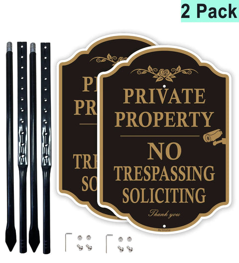 Top Shelf Rust Free Aluminum Private Property Signs With Heavy Duty 36 Inch Stakes For Legit No Trespassing And No Soliciting Video Surveillance Warning Slick Yard Protection Two Pack with signs and stakes.