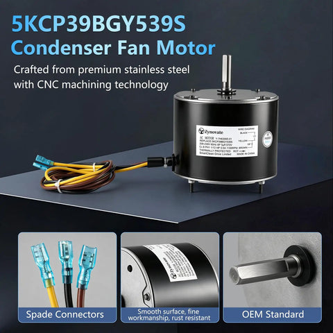 Top Shelf 5KCP39BGY539S Condenser Fan Motor Swap For Ac Systems 1/12 Hp 1100 Rpm 208 To 230 Volt with stainless steel body.