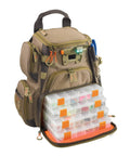 Recon Lighted Compact Tackle Backpack With Four PT3500 Trays, beige angling gear, clear view pockets, for night fishing.