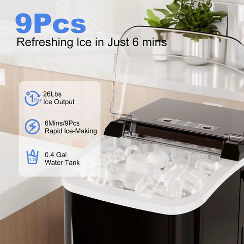 Heavy Duty Countertop Ice Maker With Carry Handle Chilling Bullet Ice Cubes In Six Minutes Cranking Twenty Six Pounds Daily With Water Tank