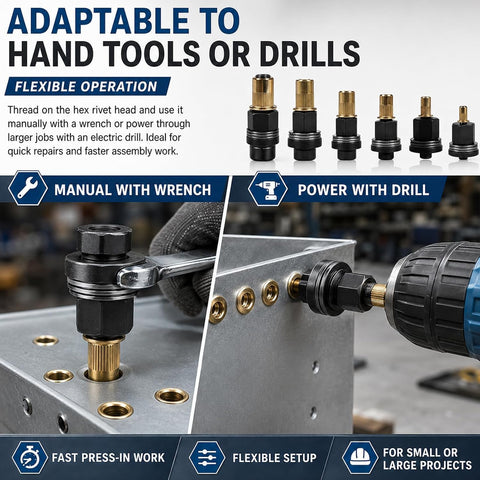 Rock Solid Heavy Duty Carbon Steel Rivet Nut Tool Kit With Mandrels And Flat Head Inserts adaptable for hand tools or drills.