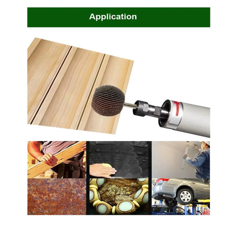 Five Piece Set Spherical Sandpaper Flap Wheels With 6mm Shank for rotary tools used on wood and metal surfaces.