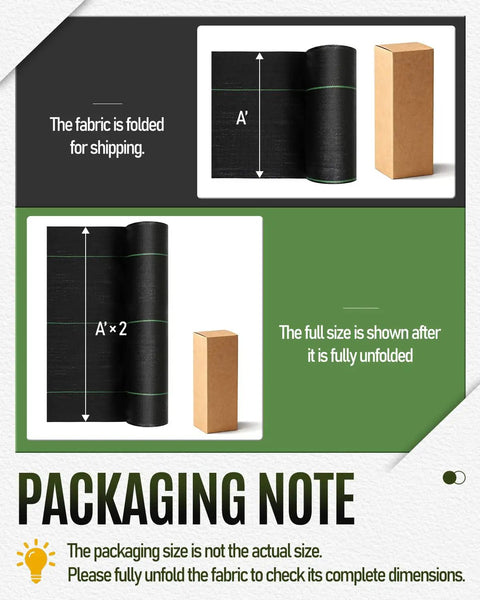 Heavy Duty Weed Barrier Fabric 3 Ft By 300 Ft Woven Geotextile 3.2 Oz packaging and unfolded size comparison
