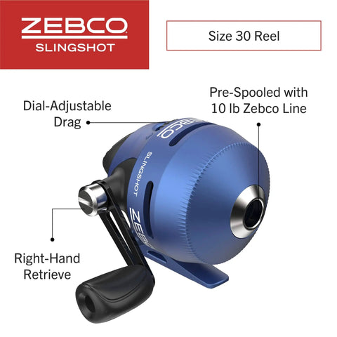 Slingshot Spincast Reel And Rod Combo For Grab And Go Anglers, Size 30 Reel, Right Hand Retrieve, Easy To Use No Tangle Design, Blue