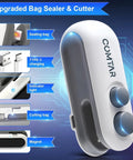 2 In 1 Rechargeable Bag Sealer With Cutter USB C Heat Sealer Resealer For Chips And Snacks Portable Grab And Go Pocket Size White Keeps Snacks Fresh Easy One Button Operation Compact Travel Friendly image showing device with USB-C port, magnet, indicator light, and sealing function.